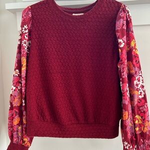 Anthropologie Porridge Wine Textured Top with Floral Sleeves